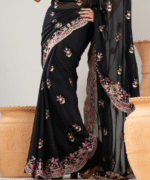 Elegant Black Georgette Saree with Floral Embroidery - Image 3