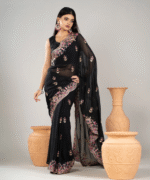 Elegant Black Georgette Saree with Floral Embroidery