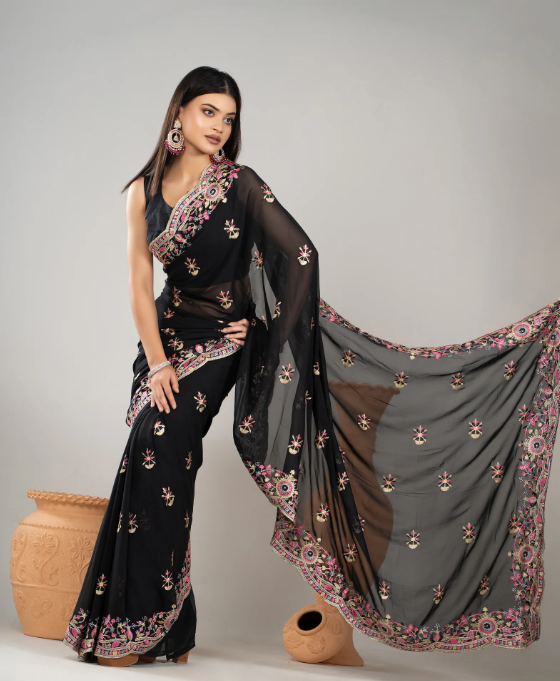 Screenshot_9 Elegant Black Georgette Saree with Floral Embroidery - Image 2